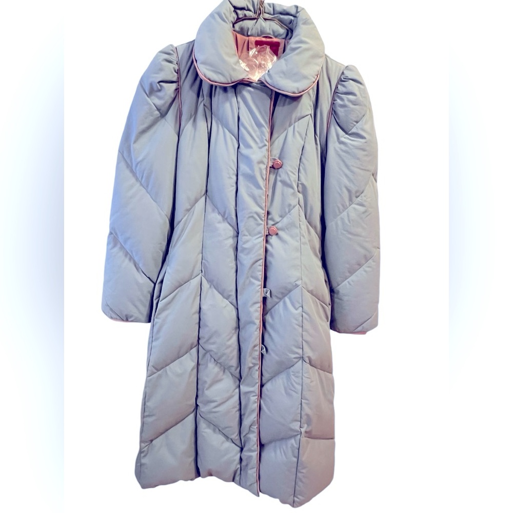 Vintage Steel Blue Down Midi Coat with Purple Trim by J Gallery.  Size = XS.